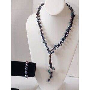 Blue Iridescent Pearl Brown Leather Tassel Necklace And Bracelet Set New